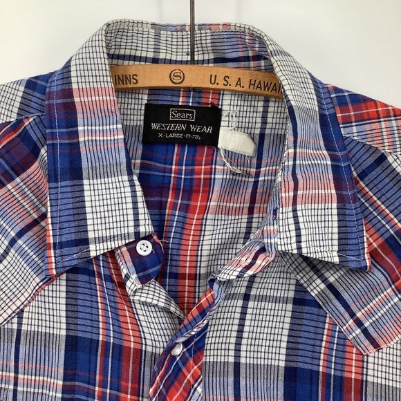 Sears Western Wear XL Pearl Snap Long Sleeve Shirt Red / Blue Plaid Cowboy Style - Picture 3 of 5